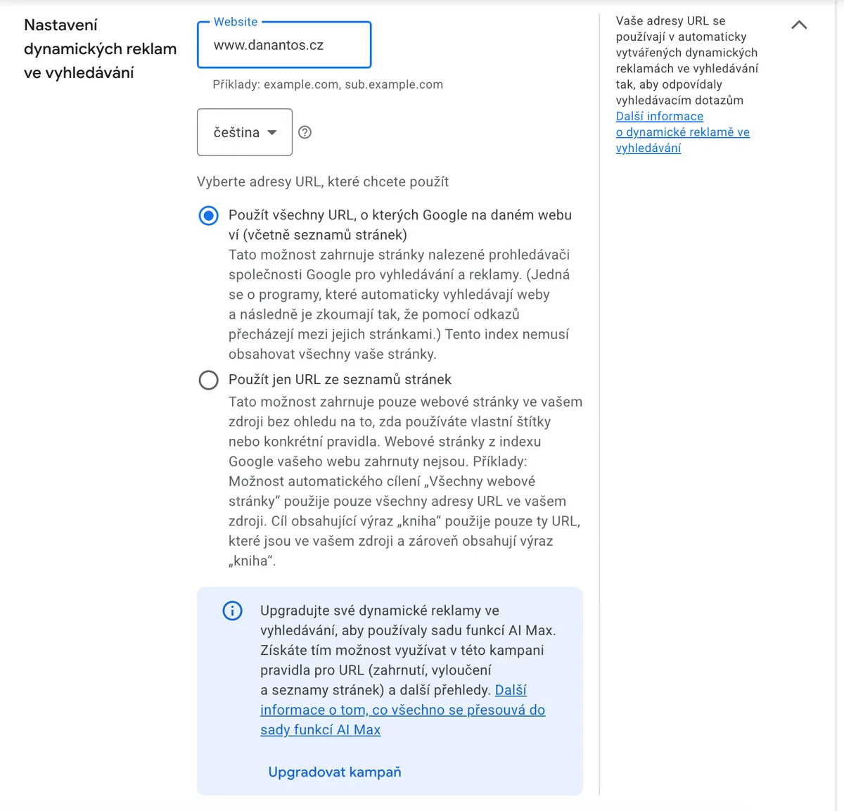 Panel Nastavení dynamických reklam ve vyhledávání v Google Ads s modrým boxem a odkazem Upgradovat kampaň na AI Max